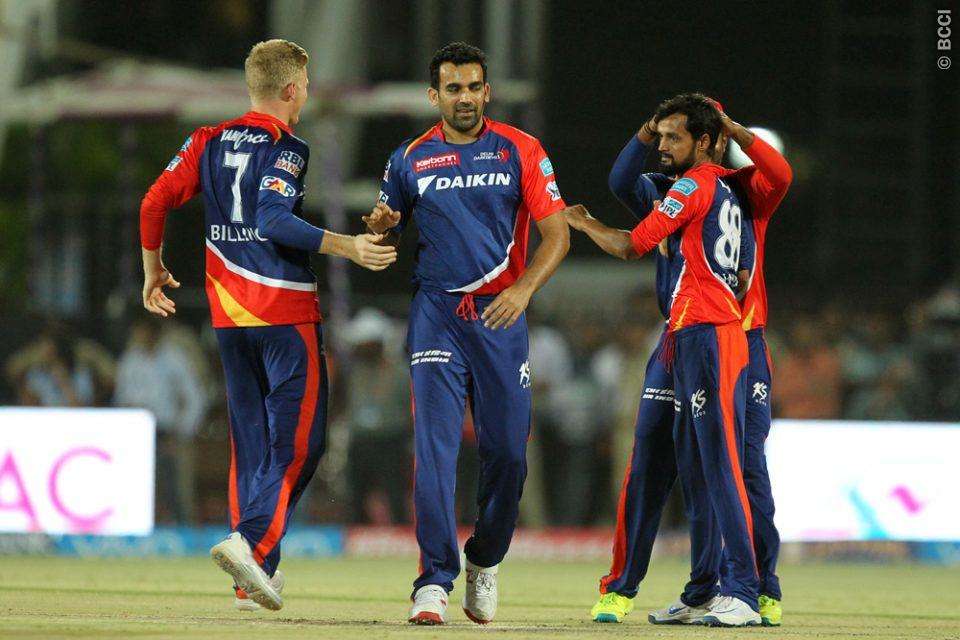 Zaheer Khan celebrates with Delhi Daredevils' teammates