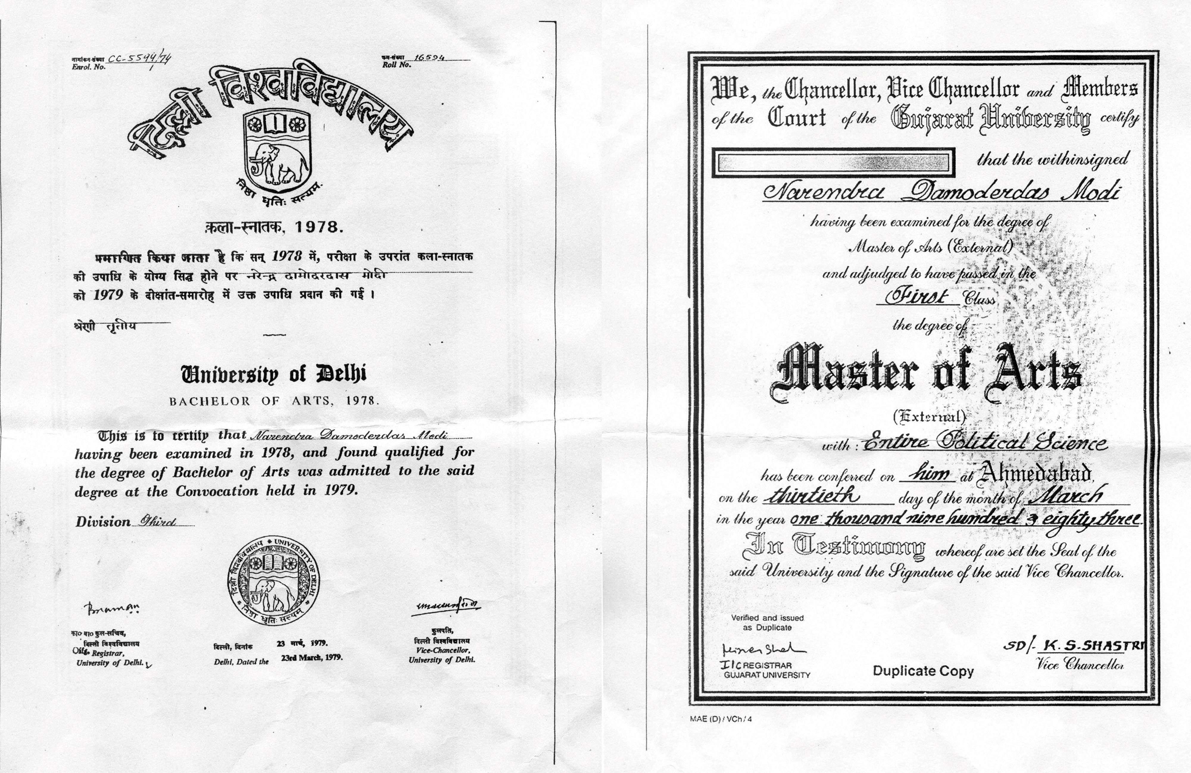 New Delhi: **COMBO* Prime Minister Narendra Modi's graduation degree (L), awarded by the Delhi University and Post-graduation degree from Gujarat University which were shown by BJP President Amit Shah and Finance Minister Arun Jaitley during a press conference at BJP headquarters in New Delhi on Monday. PTI Photo  (PTI5_9_2016_000113B)