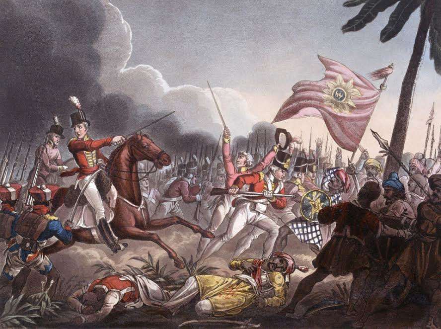 A painting shows Arthur Wellesley leading his troops at Assaye, September 23