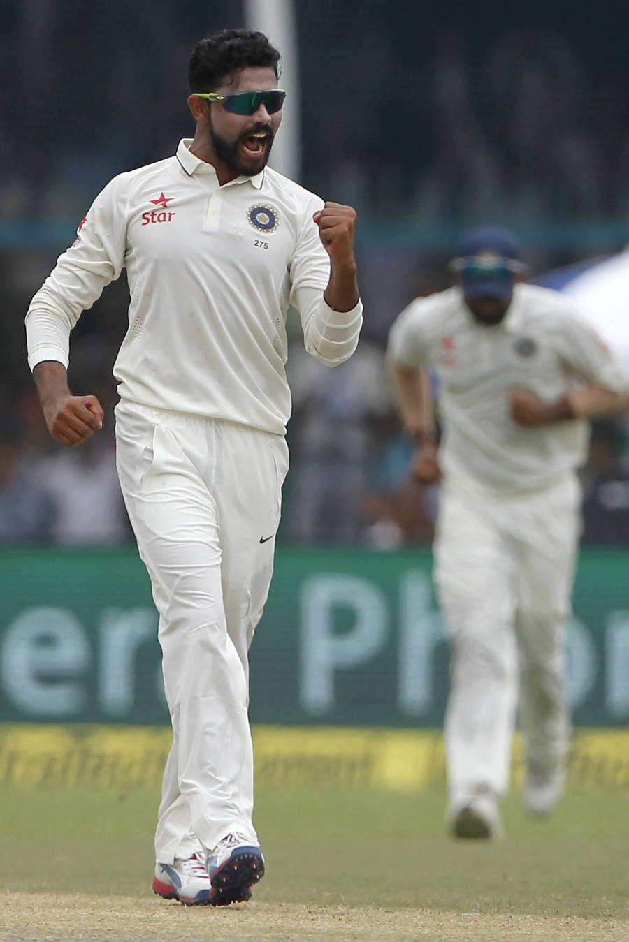 Ravindra Jadeja of India celebrates the wicket of Ish Sodhi of New Zealand during day 3 of the first test match between India and New Zealand held at the Green Park stadium on the 24th September 2016. Photo by: Deepak Malik/ BCCI/ SPORTZPICS