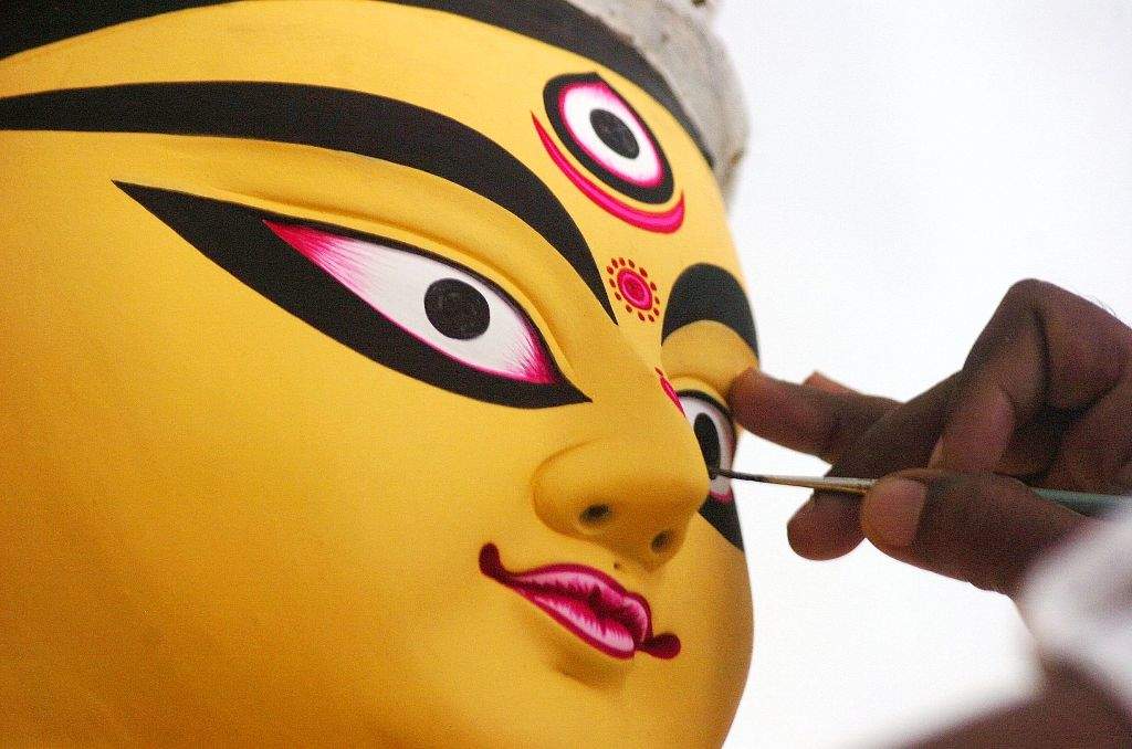 An artisan Sanjeev Pal from Kolkata preparing traditional idol of Goddess Durga at Bangali Akhara, Langertoli, premises in Patna on Thursday for forthcoming Durga Puja festival. pic by--k m sharma