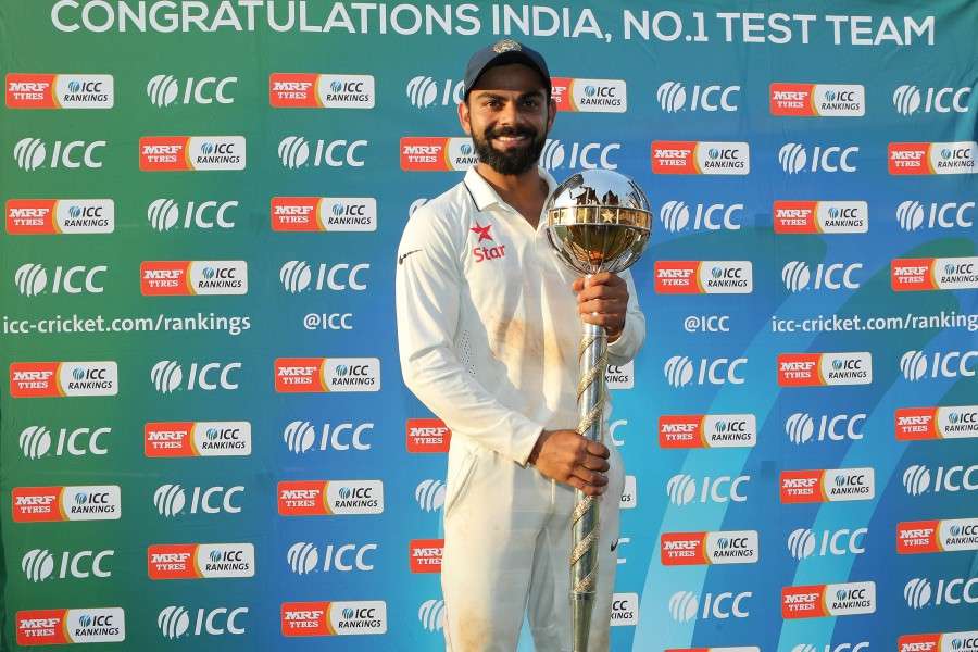  Virat Kohli was presented with the Test mace, India v New Zealand, 3rd Test, Indore, 4th day, October 11, 2016 ©BCCI 