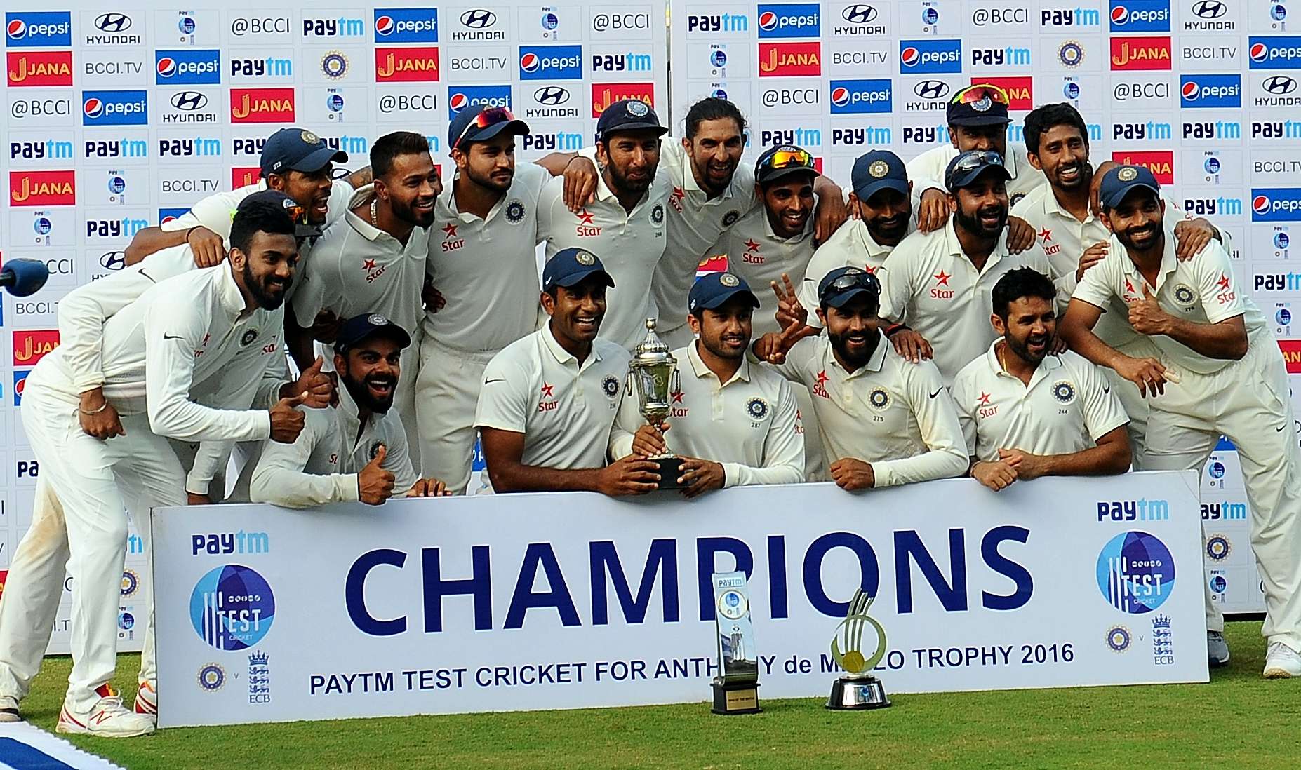 India's players pose with the trophy after after winning the fifth and final Test cricket match aganist England  at  MA Chidambaram stadium in Chennai on Tuesday Photo B A Raju