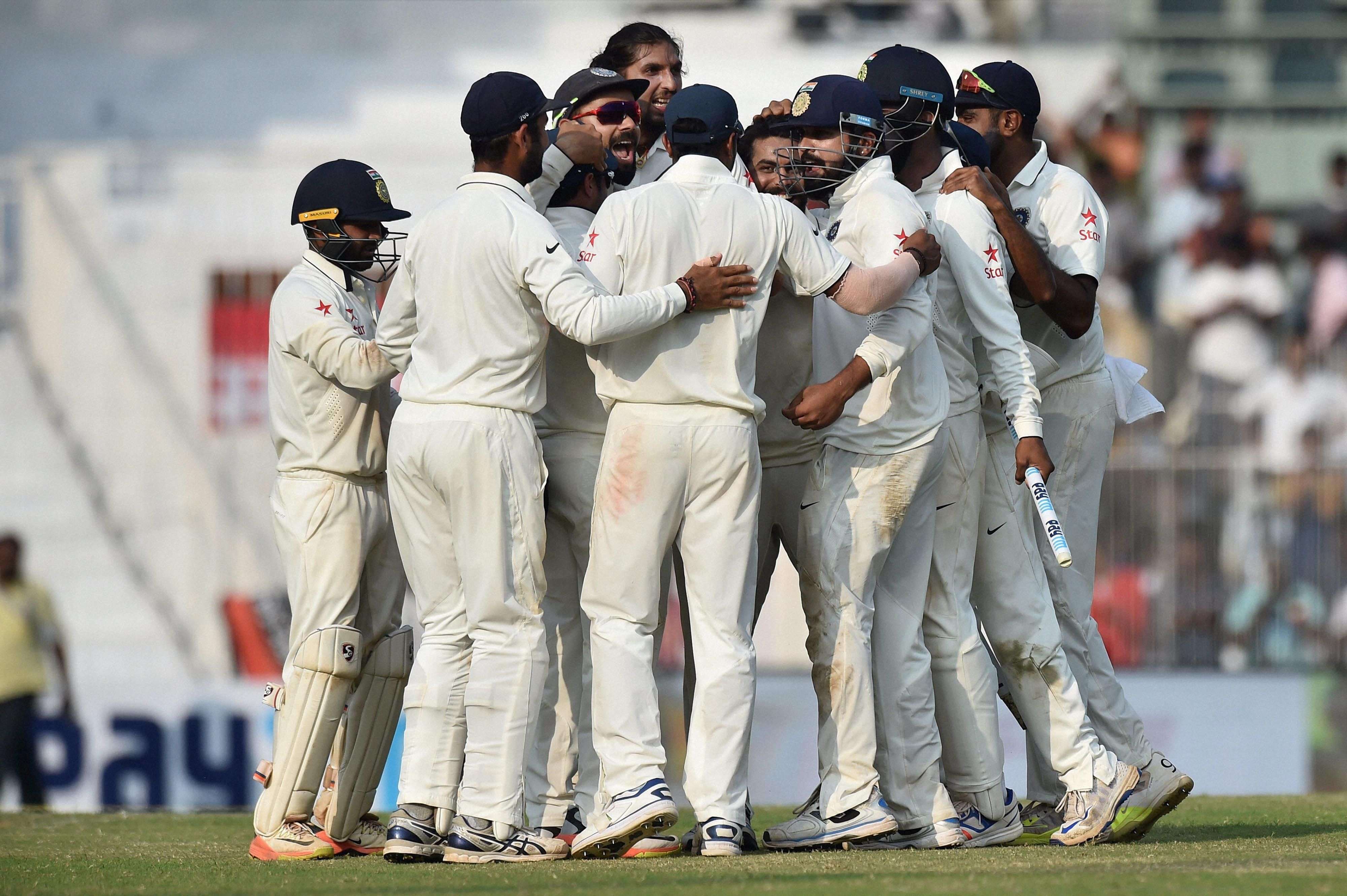 Chennai: Indian cricket team celebrates after registering 4-0 test series win against England, at MAC Stadium in Chennai on Tuesday. PTI Photo by R Senthil Kumar(PTI12_20_2016_000272B)