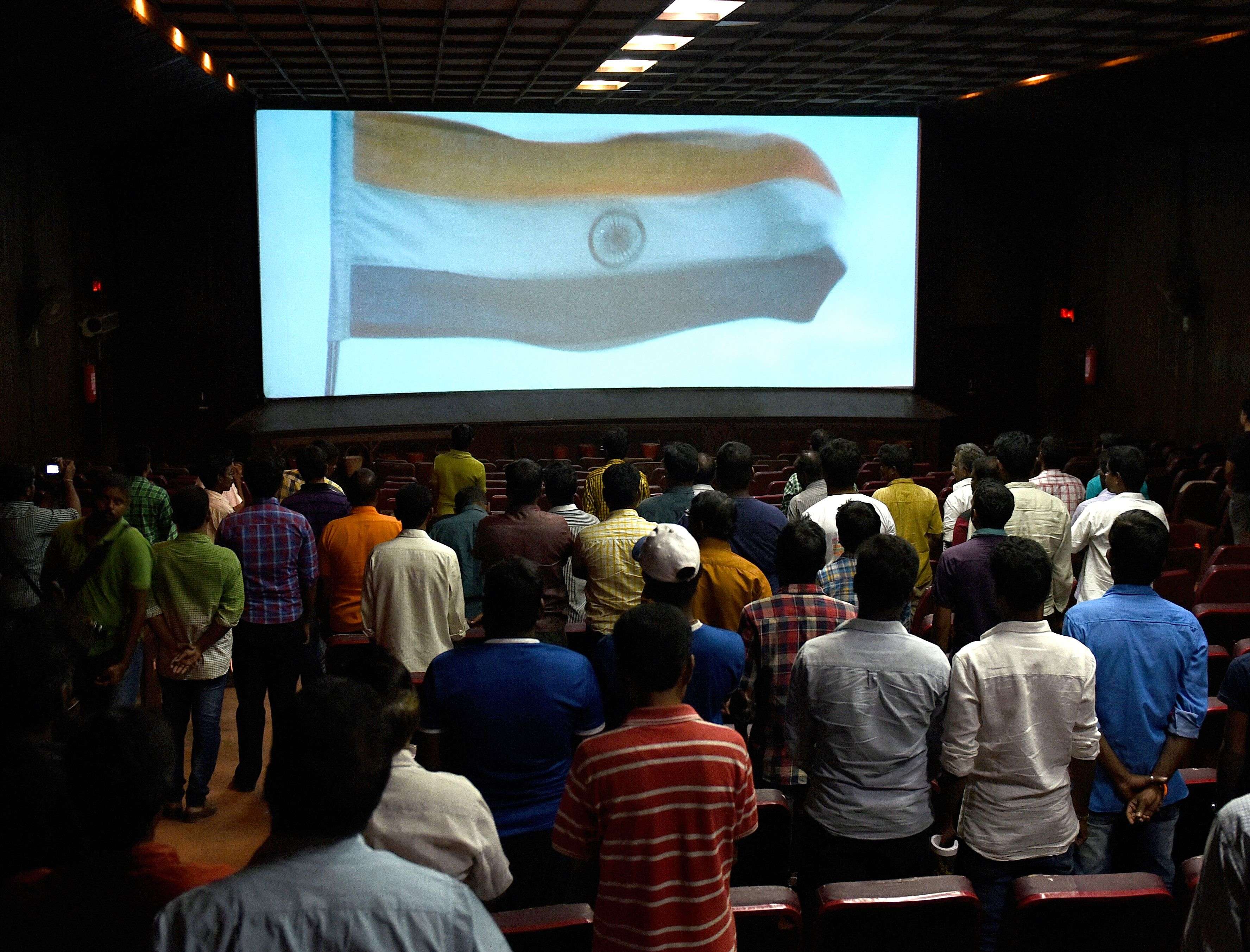 The Supreme Court on Wednesday said the national anthem must be played in all cinema halls across the country before a film is screened and everyone present must stand to pay respect to it. This photo taken during the 3pm show in AVM Rajeswari Theatre at Vadapalani in Chennai on Wednesday. The national anthem has been played in this theatre more than 25 years.  Photo. C Suresh Kumar