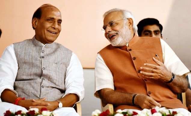 Prime Minister Narendra Modi shares a light moment with Home Minister Rajnath Singh