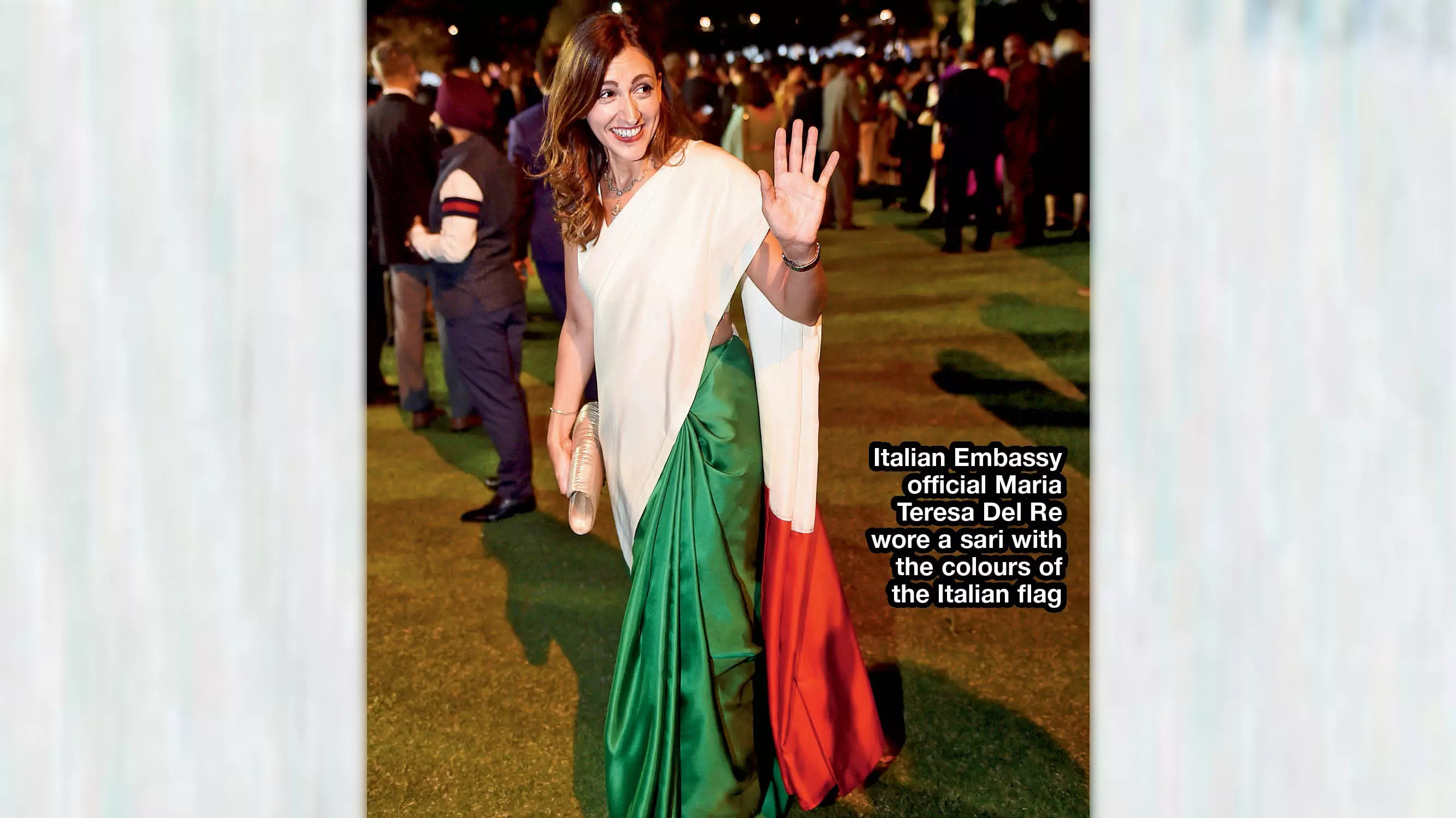 Italian Embassy official Maria Teresa Del Re wore a sari with the colours of the Italian flag