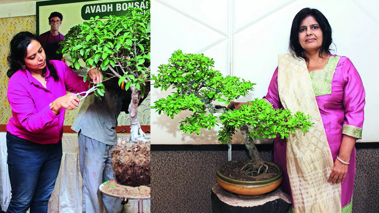 (L) Priyanshi shaping a bonsai (R) Gunjan