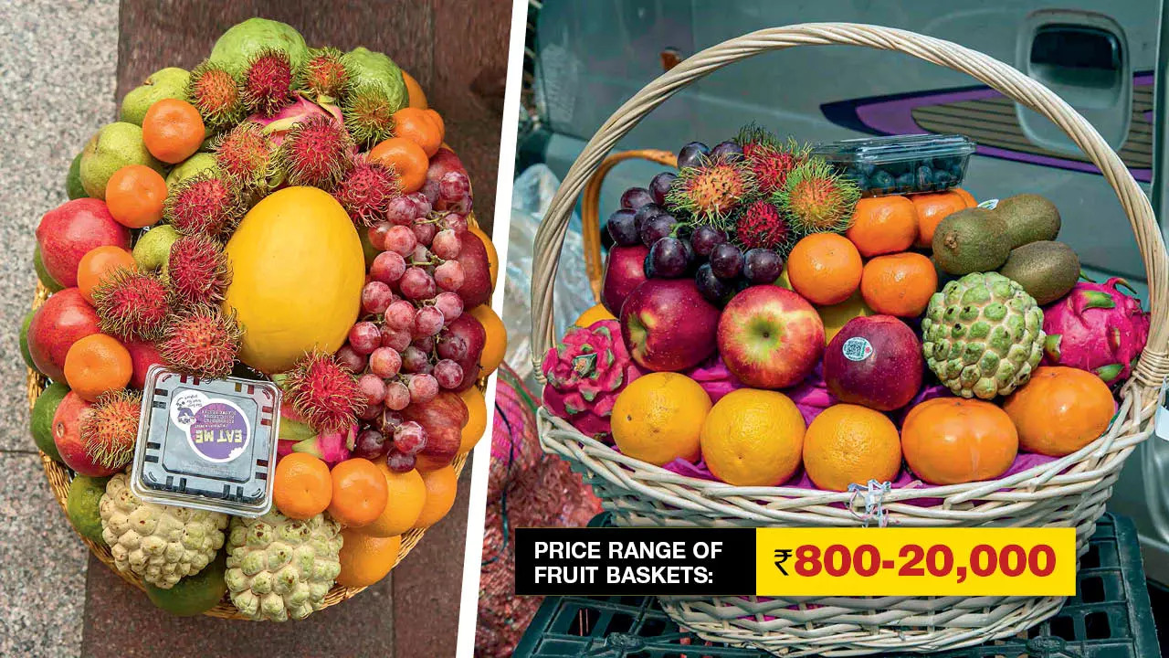 Imported fruits like Japanese melon and Thai rambutans are included in festive hampers