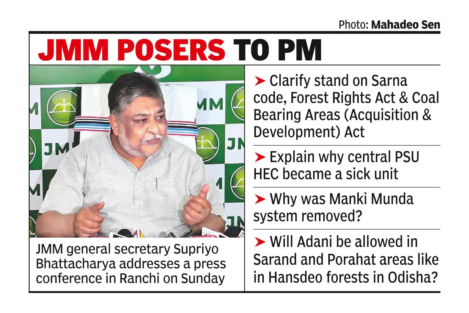 Want to know PM’s stand on Sarna, forest act: JMM