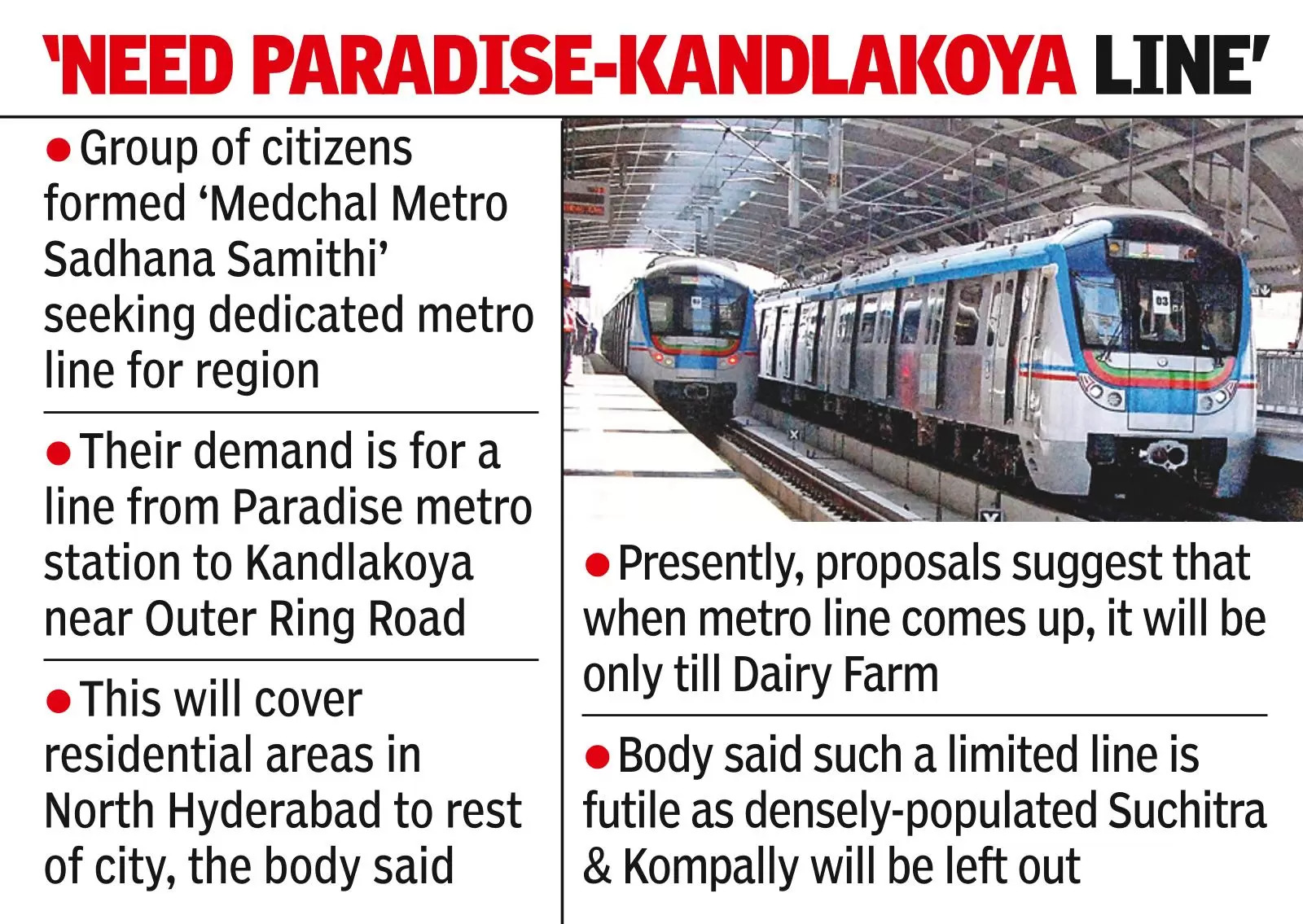 Citizens’ body seeks dedicated Metro line for North Hyd residential areas