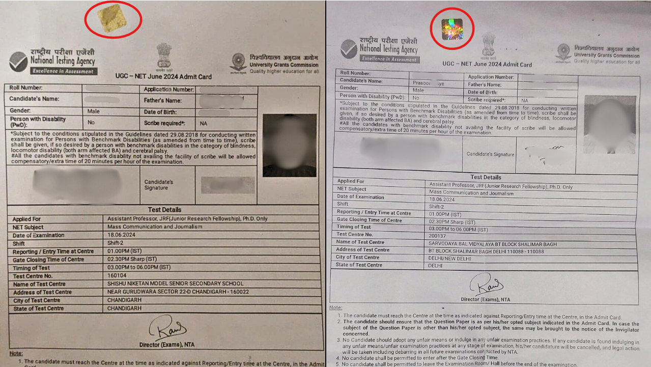 Candidates&#39; admit cards with hologram after NET Exam