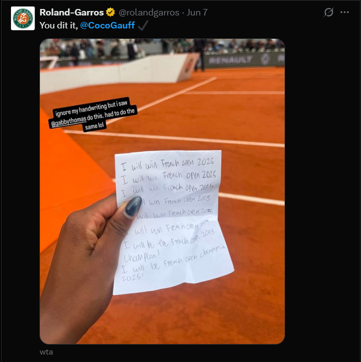 Coco Gauff's affirmation that she wrote down ahead of the final vs Aryna Sabalenka (Image via X) Coco Gauff
