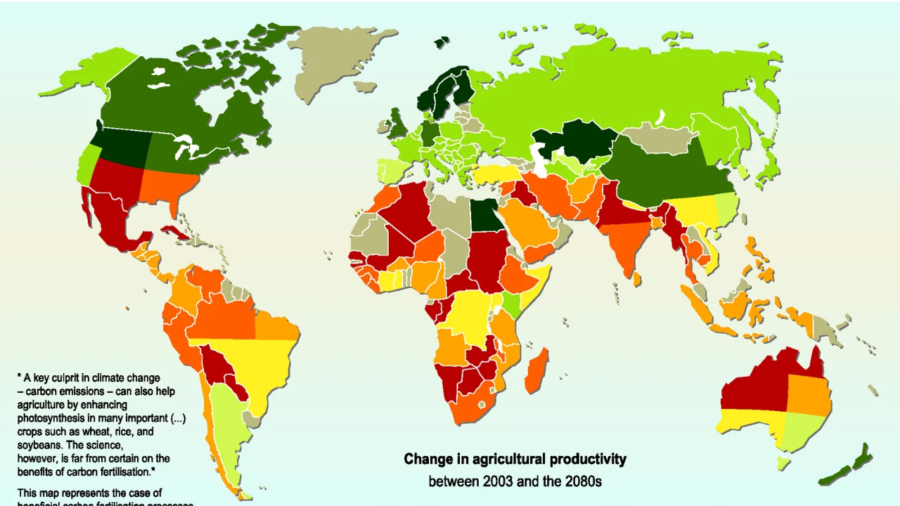 Map of predicted climate change effects on agricultural yields between 2003 and 2080 (data from 2007)