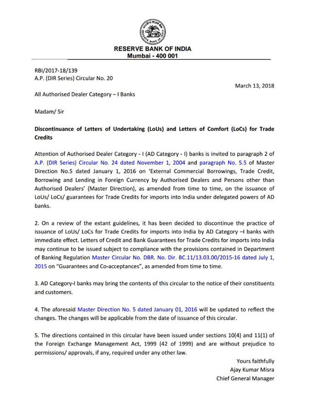 Letter Of Undertaking Rbi Bans All Indian Banks From Issuing Lous - 