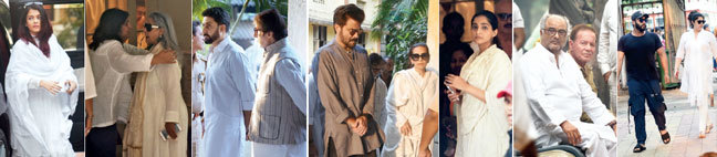 The Bachchans — Aishwarya Rai, Jaya, Abhishek and Amitabh — arrived for the last rites; Anil and Sunita Kapoor were among the early visitors, while their daughter Sonam was also present; Boney Kapoor stayed close to Salim Khan through the evening, as Arjun Kapoor turned up with sister Anshula