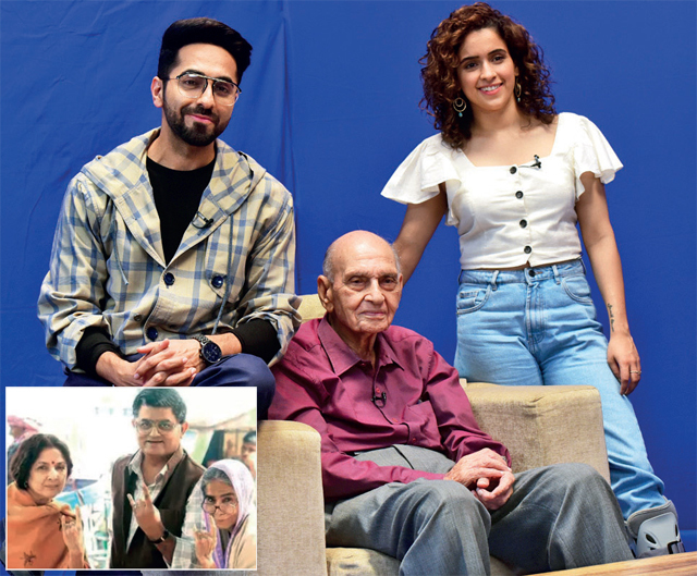 Dr Mahinder Watsa flanked by Ayushmann Khurrana and Sanya Malhotra; (inset) Neena Gupta, Gajraj Rao and Surekha Sikri on the film’s sets