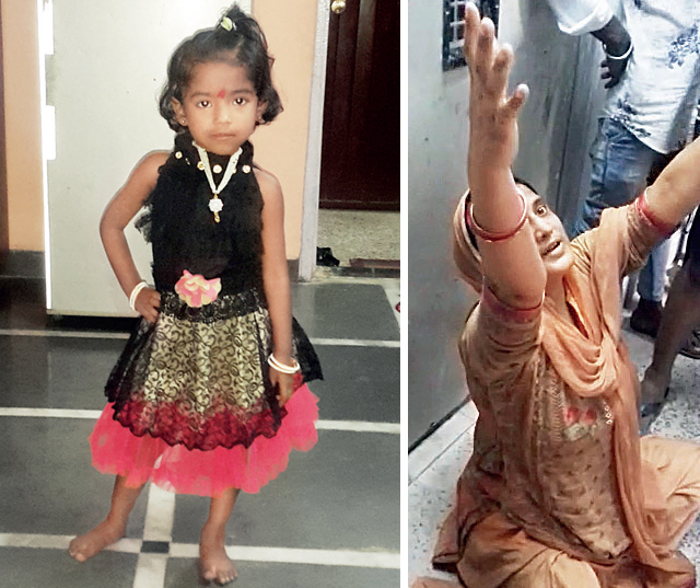 The girl, Janhavi, who sustained injuries in the attack, is traumatised after the incident. Right: The accused, Rizwana Shaikh, after she was dragged out from the lift by two residents of the building