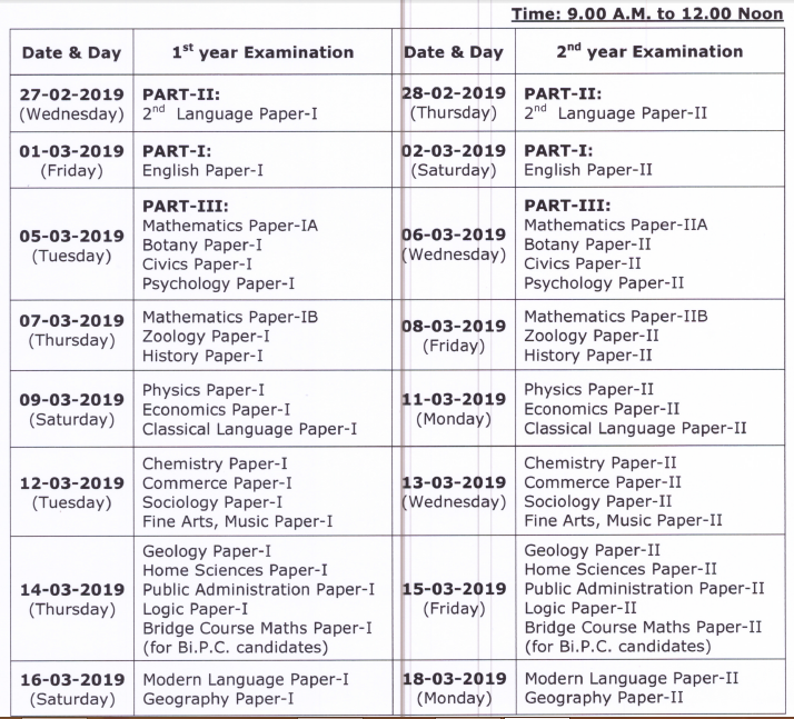 Ts Inter Time Table Telangana Intermediate Time Table 2019