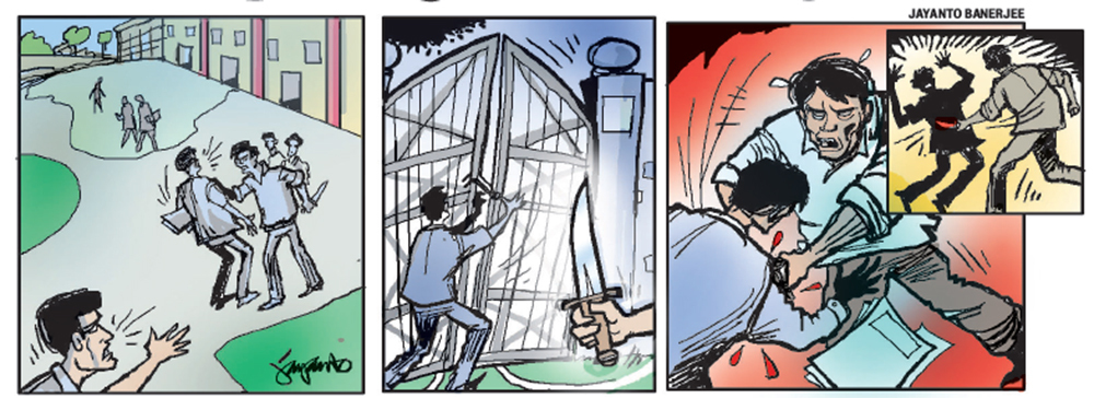 Last week, Rakesh rushed to his friend Nithin’s help while he was being assaulted by Goutham and his friends; they locked the college gate and started attacking Rakesh. They even stabbed him before fleeing. But the college principal maintains the incident took place outside campus
