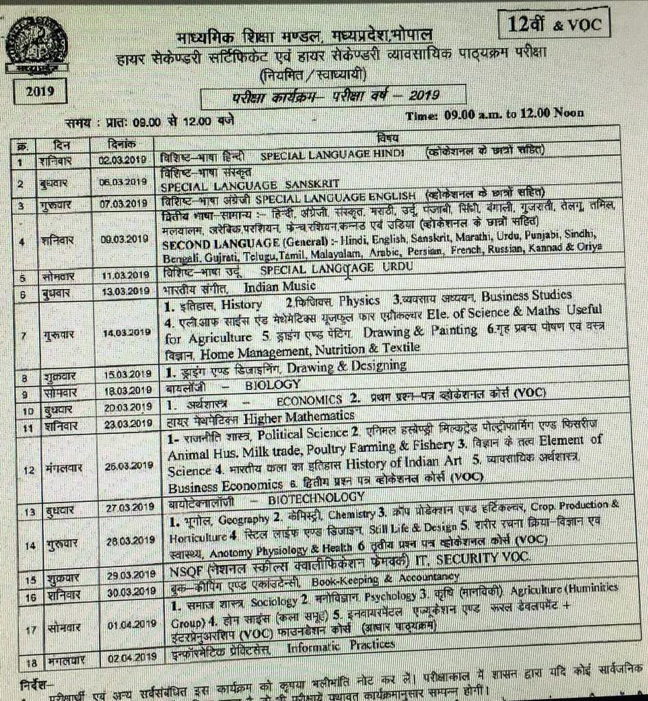 Mp Board 10th 12th Timetable 2019 Released At Mpbse Nic In