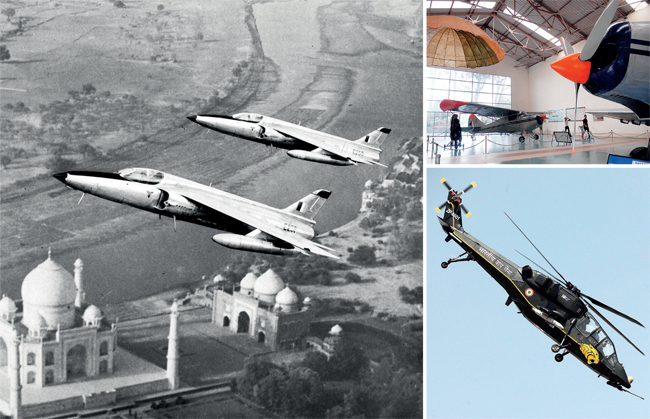 (Clockwise from top) An archival photo showing two Gnat aircraft flying over the Taj Mahal; the Hall of Flame Heritage Centre and Aerospace Museum in Bengaluru; a light combat helicopter manufactured by HAL; and the Tejas