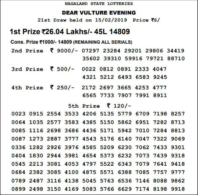 lotto results for today evening