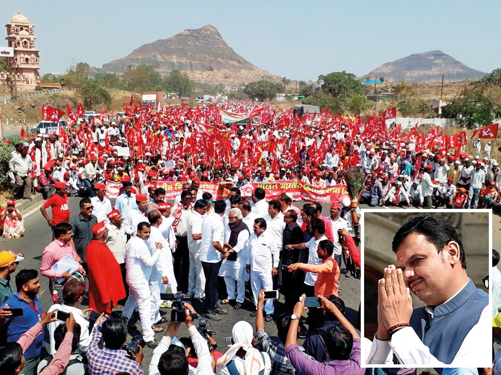 Over 50,000 farmers began marching from Nashik to Mumbai on Thursday; (inset) CM Devendra Fadnavis