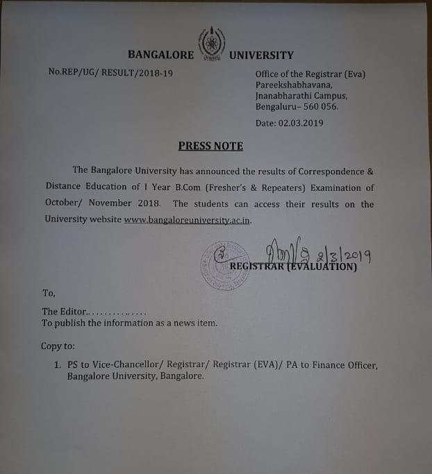 Bangalore University 1st Year B.com Result Declared ...