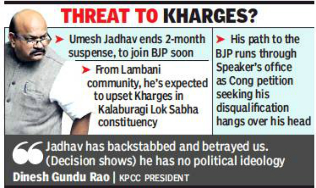 Congress Rebel Umesh Jadhav Resigns As Mla To Join Bjp Bengaluru News Times Of India