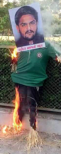 Hardik Patel was burnt in effigy at GH-4 Circle in Gandhinagar on Monday Hardik Patel was burnt in effigy at GH-4 Circle in Gandhinagar on Monday