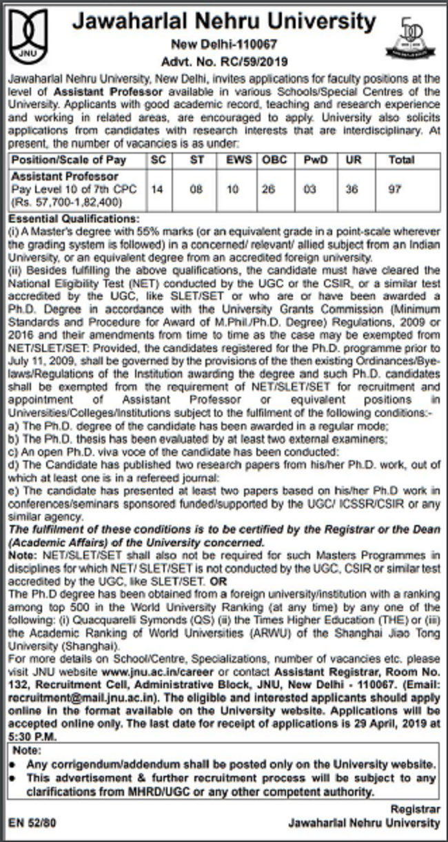 Jnu Assistant Professor Recruitment Application Window