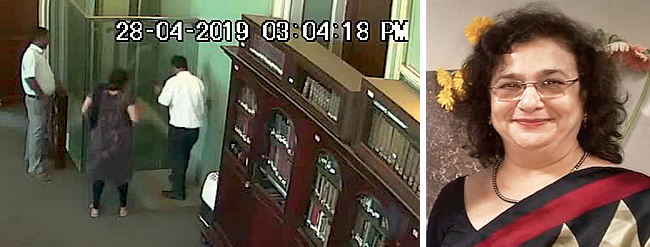 A CCTV grab of the museum staff struggling to get Dr Arnavaz Havewalla and her daughter Hera out of the stuck lift; Dr Arnavaz Havewalla