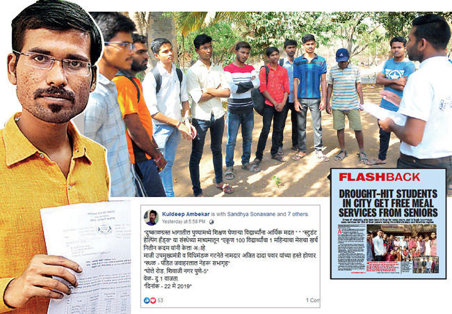 FC students (top) alleged that SHH founder Kuldeep Ambekar (far left) used them and social media to garner funds for his initiative, while they have not been given promised free tiffins since the beginning of May; (far right) Mirror reported the initiative on February 11, 2019 FC students (top) alleged that SHH founder Kuldeep Ambekar (far left) used them and social media to garner funds for his initiative, while they have not been given promised free tiffins since the beginning of May; (far right) Mirror reported the initiative on February 11, 2019