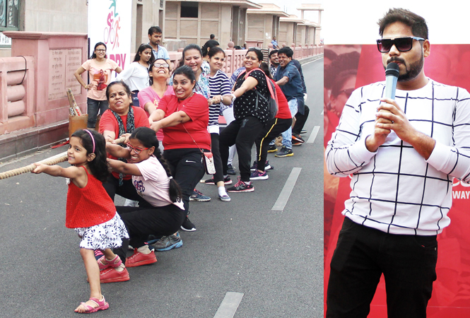 (L) Participants during the tug of war game (R) Emcee Shadab (BCCL/ Aditya Yadav)