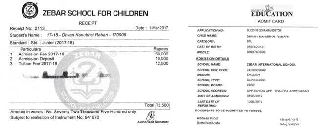 Dhyan Rabari’s fee receipt of pre-primary section at Zebar School for Children mentions payment of Rs 72,500 . The ‘disadvantaged’ child is now studying in Class 1 under RTE Dhyan Rabari’s fee receipt of pre-primary section at Zebar School for Children mentions payment of Rs 72,500 . The ‘disadvantaged’ child is now studying in Class 1 under RTE