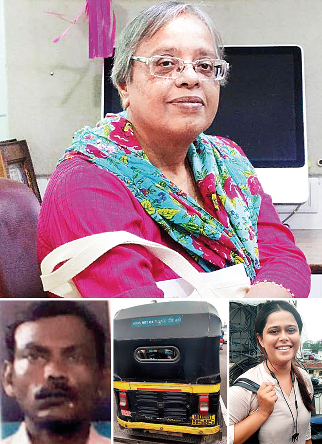 Anindita Kovoor (top); (from left, above) The deceased, Prashant Gawankar, the auto he was driving, and physiotherapist Afroz Patel who tried to revive him