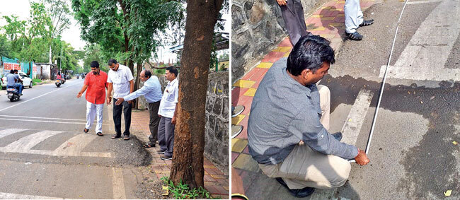 Speed breakers should have a rounded hump of 3.7 metres width, 0.10 metre height (top left); JNM members measuring the faulty speed breakers (below) Speed breakers should have a rounded hump of 3.7 metres width, 0.10 metre height (top left); JNM members measuring the faulty speed breakers (below)