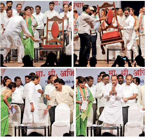NCP’s Ajit Pawar was in the city on Sunday, where he attended an event at Annabhau Sathe Sabhagruha on Satara Road. Amid some interesting announcements on seat sharing, there was one seat that seemed to displease Pawar the most — the elaborate ‘ throne’ that had been placed at the venue specially for him. He quickly informed fellow party members that he wanted the same chair as everyone else, and sat only thereafter NCP’s Ajit Pawar was in the city on Sunday, where he attended an event at Annabhau Sathe Sabhagruha on Satara Road. Amid some interesting announcements on seat sharing, there was one seat that seemed to displease Pawar the most — the elaborate ‘ throne’ that had been placed at the venue specially for him. He quickly informed fellow party members that he wanted the same chair as everyone else, and sat only thereafter