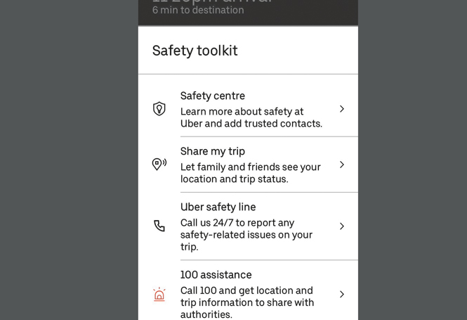 The message that appears when a passenger clicks on the safety button on the Uber app