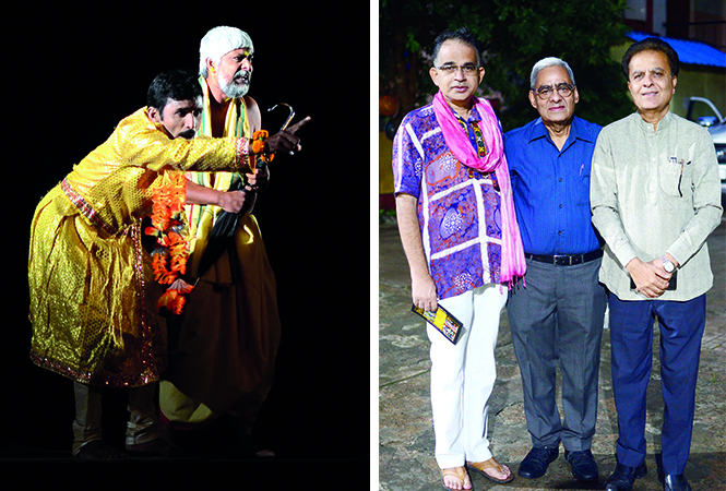 (L) A scene from the play (R)  Pravin Shekhar, Naresh Roy and Subhash Pandey (BCCL/ Pankaj Singh)