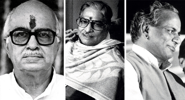 (L to R) LK Advani, Murli Manohar Joshi, Kalyan Singh