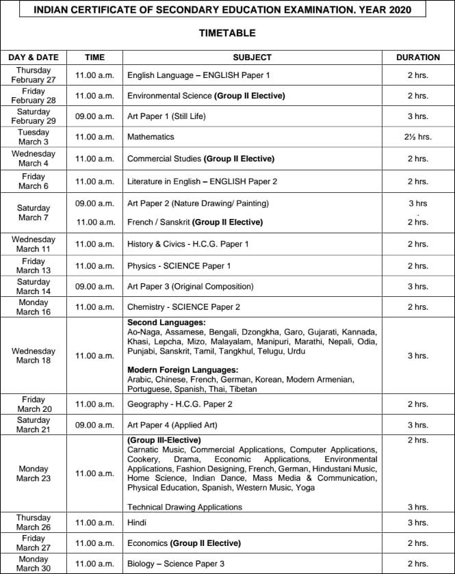 ISC Exam 2020 schedule