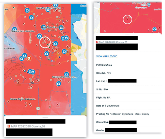 The map by PSCDCL officials (L) displays red dots marking locations of COVID-19 positive cases. Clicking on a dot yields a list of private details (above) of each patient, which became visible to the public due to the leak