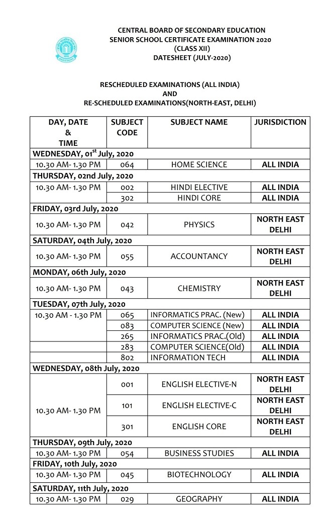 Cbse Exam Date Sheet 2020 For Remaining Class 10th 12th Exams Released Check Here