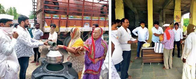 Nilesh (second from left) offering water to drought-stricken villagers (L); The Ghaiwal brothers (centre) donating dry ration to those who lost livelihood due to the lockdown