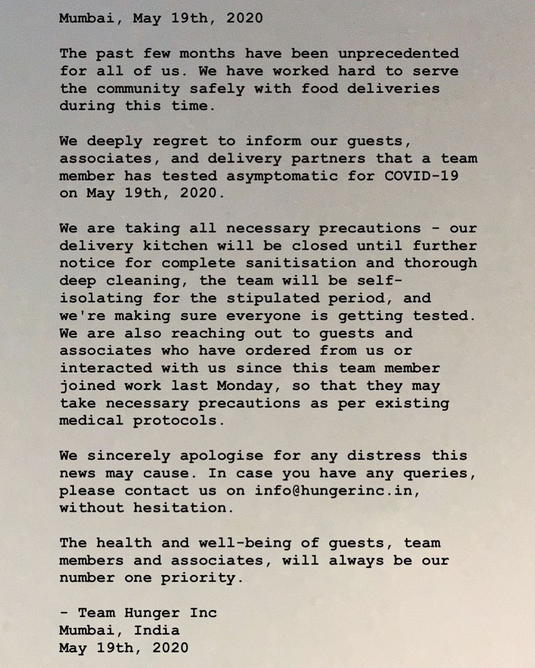 The Bombay Canteen's statement