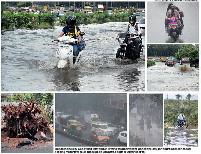 Roads in the city were filled with water after a thunderstorm lashed the city for hours on Wednesday, forcing motorists to go through an unwanted bout of water sports