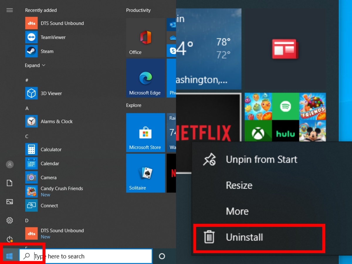 Uninstall apps in Windows 10