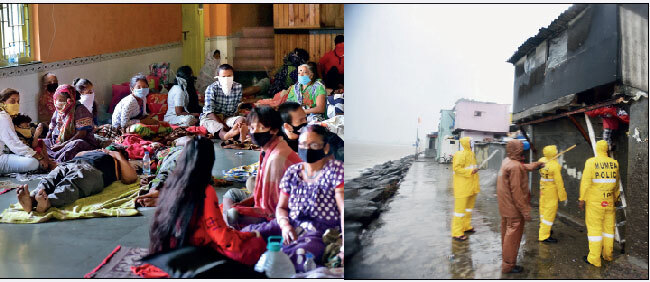 Residents of Ganesh Nagar taking shelter at Fr. Agnel School (left); police evacuating people from Gita Nagar in Colaba